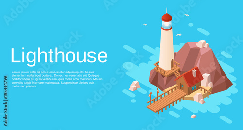 Vector isometric lighthouse on rock stone cliff island with wooden house and pier on blue sea, ocean water background. Illustration with marine navigation game landscape constructor object