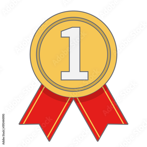 Gold sign of the winner for the first place with award ribbons in flat style a vector.Emblem symbol medal with red ribbon.