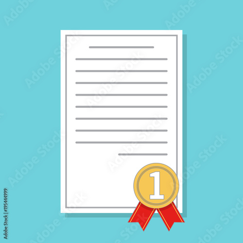 The certificate of honor with a sign for the first place in flat style a vector.The document confirming a victory. Diploma,award for the winner.design template with golden badge