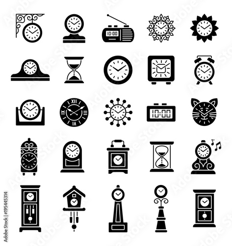 Set of different isolated wall, table and floor clocks. Home decor elements. Devices for measuring time. Vector icon collection. 