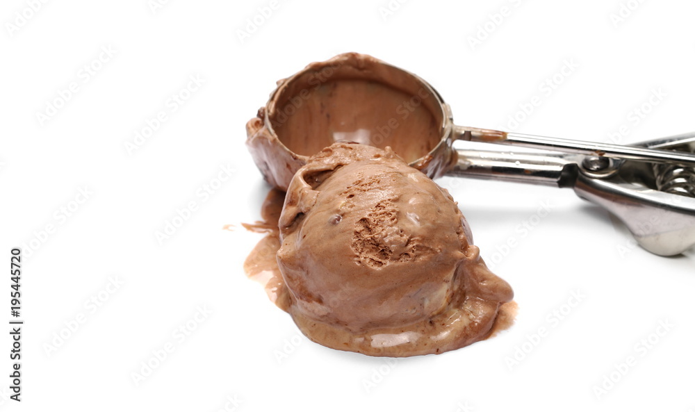 Fototapeta premium Chocolate ice cream ball with metal scoop isolated on white background