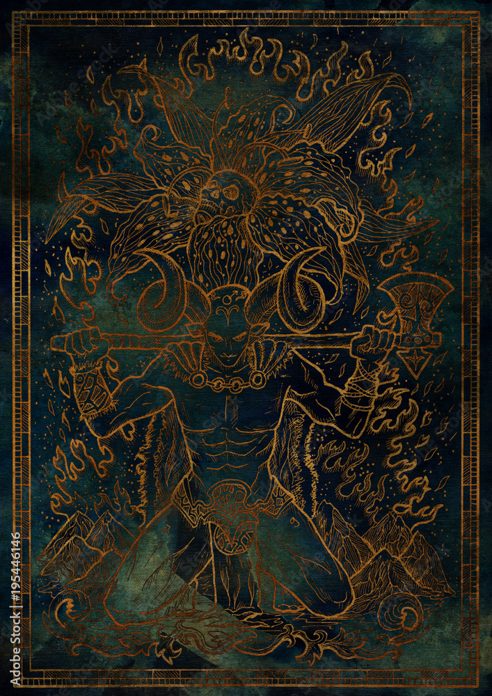 Zodiac sign Aries on blue grunge texture background. Hand drawn fantasy graphic illustration in frame