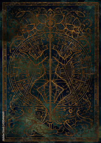 Zodiac sign Gemini on blue grunge texture background. Hand drawn fantasy graphic illustration in frame