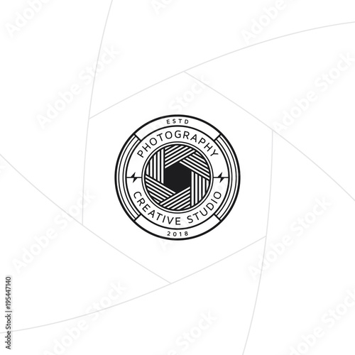 Creative photography studio badge or label design, Logo for studio and photographer or videographer with camera lens symbol. Photography logo template
