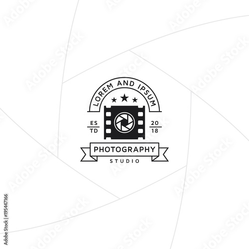 Photo and Video production badge or label design, Logo for studio and photographer or videographer with lens and roll tape symbol. Photography logo template