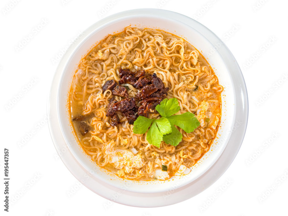 Thai instant noodle boiled with egg and Tom Yum Kung soup, decorated by fried baby clams with chilli and celery leaves, in white bowl and dish, on white background. Thai instant noodle boiled with egg and Tom Yum Kung soup, decorated by fried baby clams with chilli and celery leaves, in white bowl and dish, on white background.