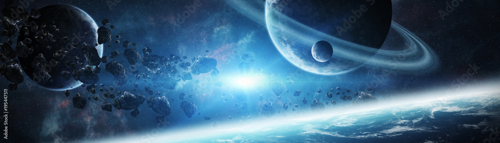 Naklejka premium Panoramic view of planets in distant solar system 3D rendering elements of this image furnished by NASA