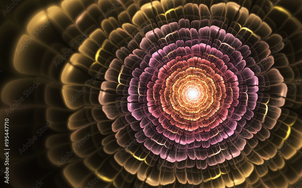 Fototapeta premium Glossy gold fractal flower, digital artwork for creative graphic design
