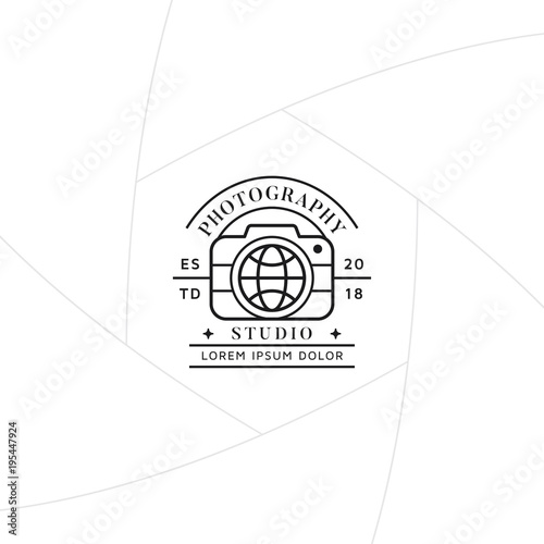 Travel photography badge or label design, Logo for studio and travel photographer or videographer with camera and globe symbol. Photography logo template