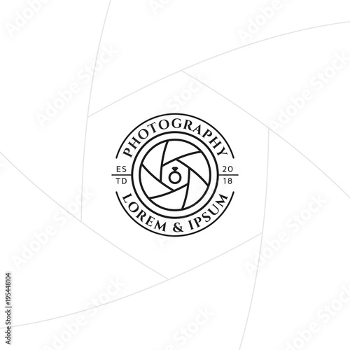 Wedding photography badge or label design, Logo for studio and photographer or videographer with camera lens symbol. Photography logo template