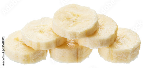 Peeled banana slices on the white background.