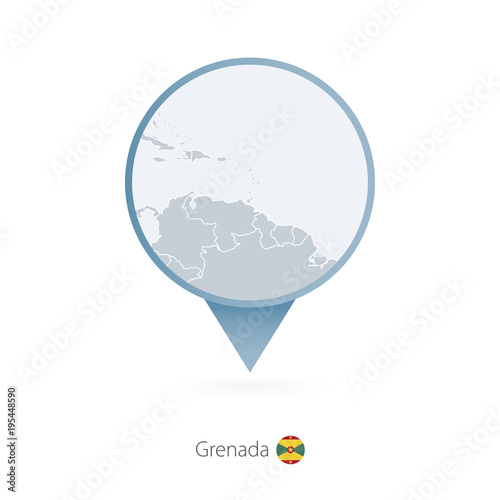 Map pin with detailed map of Grenada and neighboring countries.