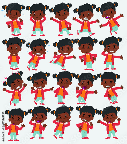 Cartoon character of a black girl. Set with different postures, attitudes and poses, always in negative attitude, doing different activities in vector vector illustrations.