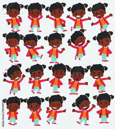 Cartoon character of a black girl. Set with different postures, attitudes and poses, doing different activities in isolated vector illustrations.