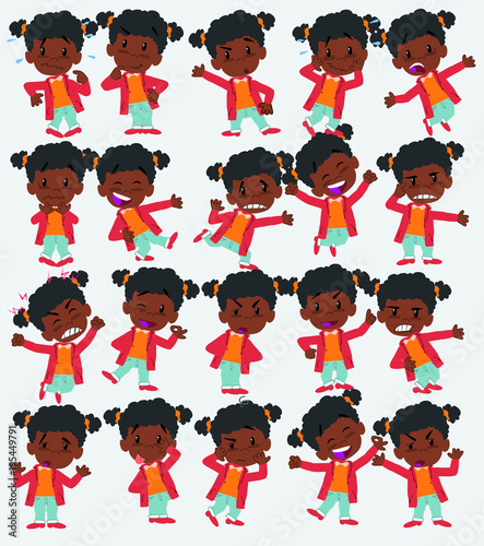 Cartoon character of a black girl. Set with different postures, attitudes and poses, doing different activities in isolated vector illustrations.