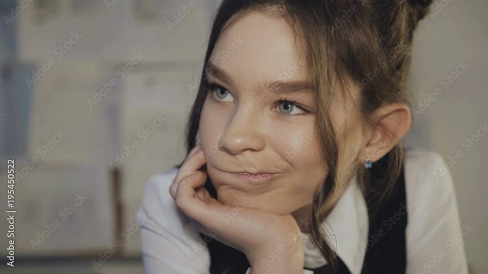 Female pupil in uniform tired of working with pc 4K Female pupil in uniform tired of working with pc 4K