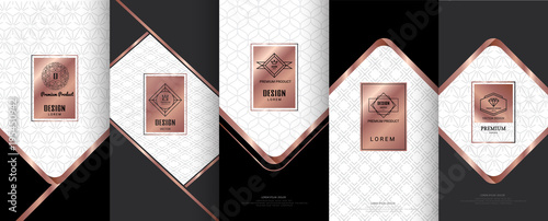 Collection of design elements,labels,icon,frames, for packaging,design of luxury products. for perfume, soap, wine, lotion.Made with copper foil.Isolated on black background. vector illustration