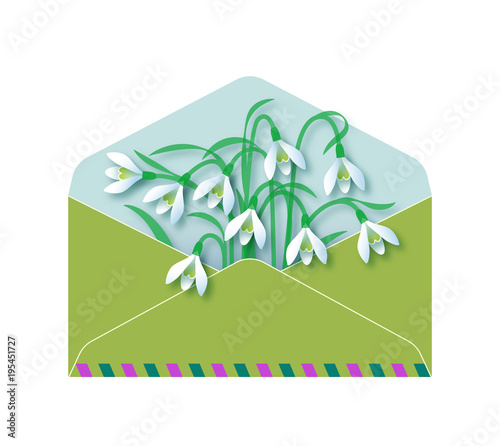 Spring message. Snowdrops. 
Greeting post envelope with first spring flowers. EPS 10 Vector Illustration.