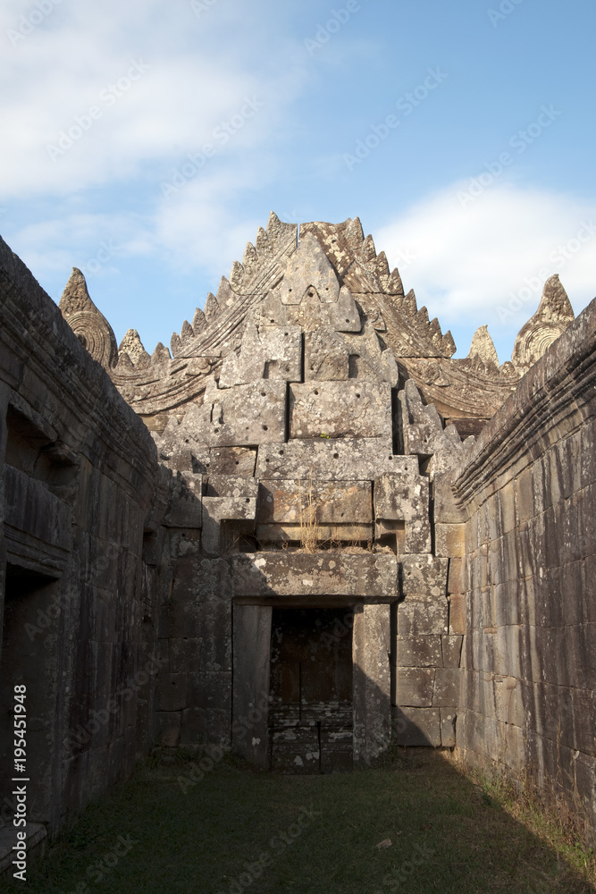Dangrek Mountains Cambodia, view of derelict hall at the  11th century Preah Vihear Temple complex