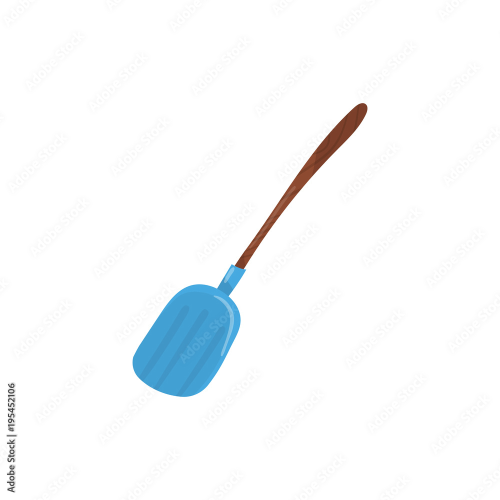 Blue steel shovel with brown wooden handle. Round spade icon. Farming equipment. Gardening instrument. Tool for digging. Cartoon flat vector icon Blue steel shovel with brown wooden handle. Round spade icon. Farming equipment. Gardening instrument. Tool for digging. Cartoon flat vector icon