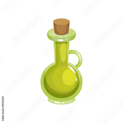 Transparent glass jug with tapered bung filled with olive oil. Ingredient for cooking and skin care. Organic and healthy product. Cartoon flat vector illustration
