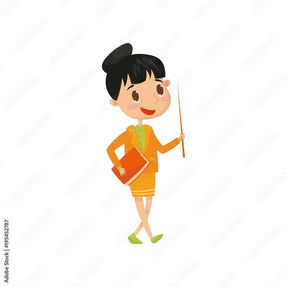 Cute teen girl wants to be school teacher when grow up. Cartoon child character holding book and pointer. Dream of future profession. Career day. Flat vector design Cute teen girl wants to be school teacher when grow up. Cartoon child character holding book and pointer. Dream of future profession. Career day. Flat vector design