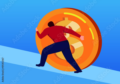 businessman moved the huge gold coin to the top