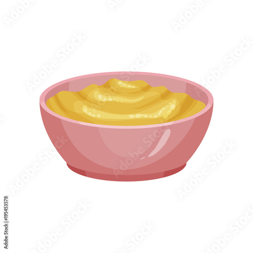 Fresh mustard in pink ceramic dip bowl. Culinary theme. Dishes component. Cooking ingredient used for hot dogs, sandwiches and meat. Colorful flat vector design