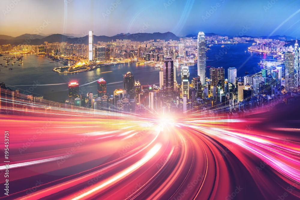 Motion speed light effect with Hong Kong cityscape on background