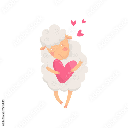 Lovely fluffy sheep holding pink heart. Cartoon character of humanized domestic animal. Graphic design for kids print, greeting card or sticker. Flat vector design