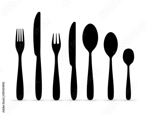Set of the contours of the cutlery. Ready to use elements. Spoon, knife, forks. Vector illustration. Isolated on white background