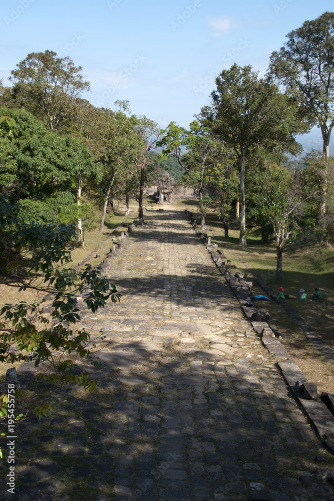 Dangrek Mountains Cambodia, view of the pillared causeway at the 11th century Preah Vihear Temple complex
