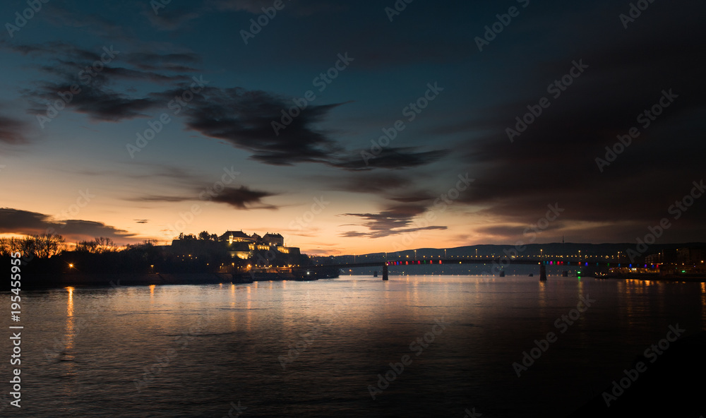 Panorama photo view at sunrise of the city and the river