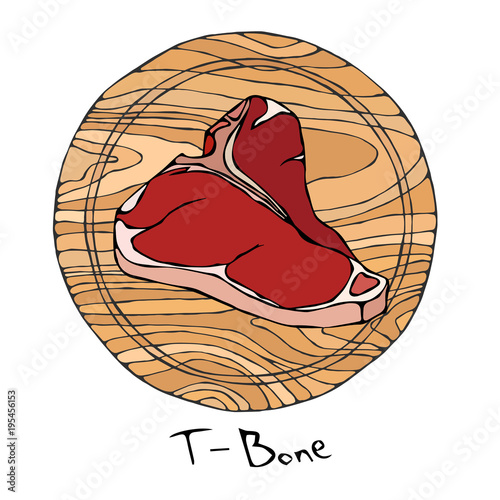 Most Popular Steak T-Bone on a Round Wooden Cutting Board. Beef Cut. Meat Guide for Butcher Shop or Steak House Restaurant Menu. Hand Drawn Illustration. Savoyar Doodle Style.