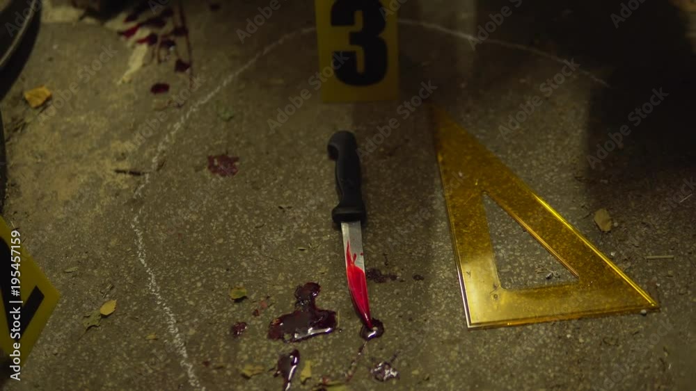 Bloody Knife Murder Weapon In Crime Scene Investigation. CSI Examining(00)