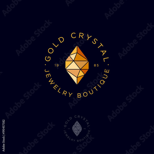 Golden crystal logo. Jewelry and bijouterie emblem.
