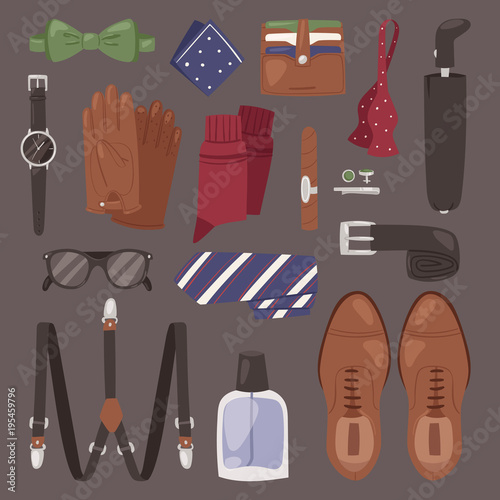 Man accessories vector male style gentleman wallet watch and belt illustration set of masculine clothes tie isolated on background
