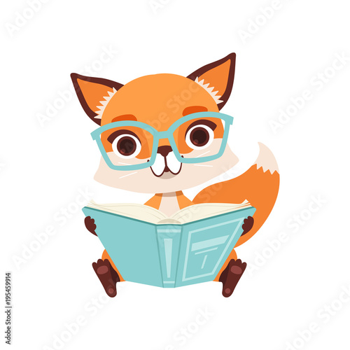Cute clever fox character sitting and reading a book, funny forest animal vector Illustration on a white background