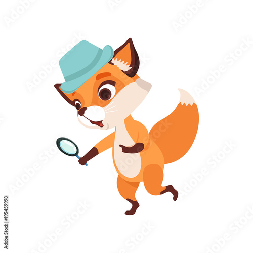 Cute fox character detective holding magnifying glass, funny forest animal vector Illustration on a white background