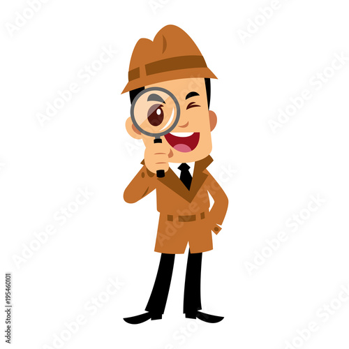 Vector drawing of a detective man, he is looking through a magnifying glass