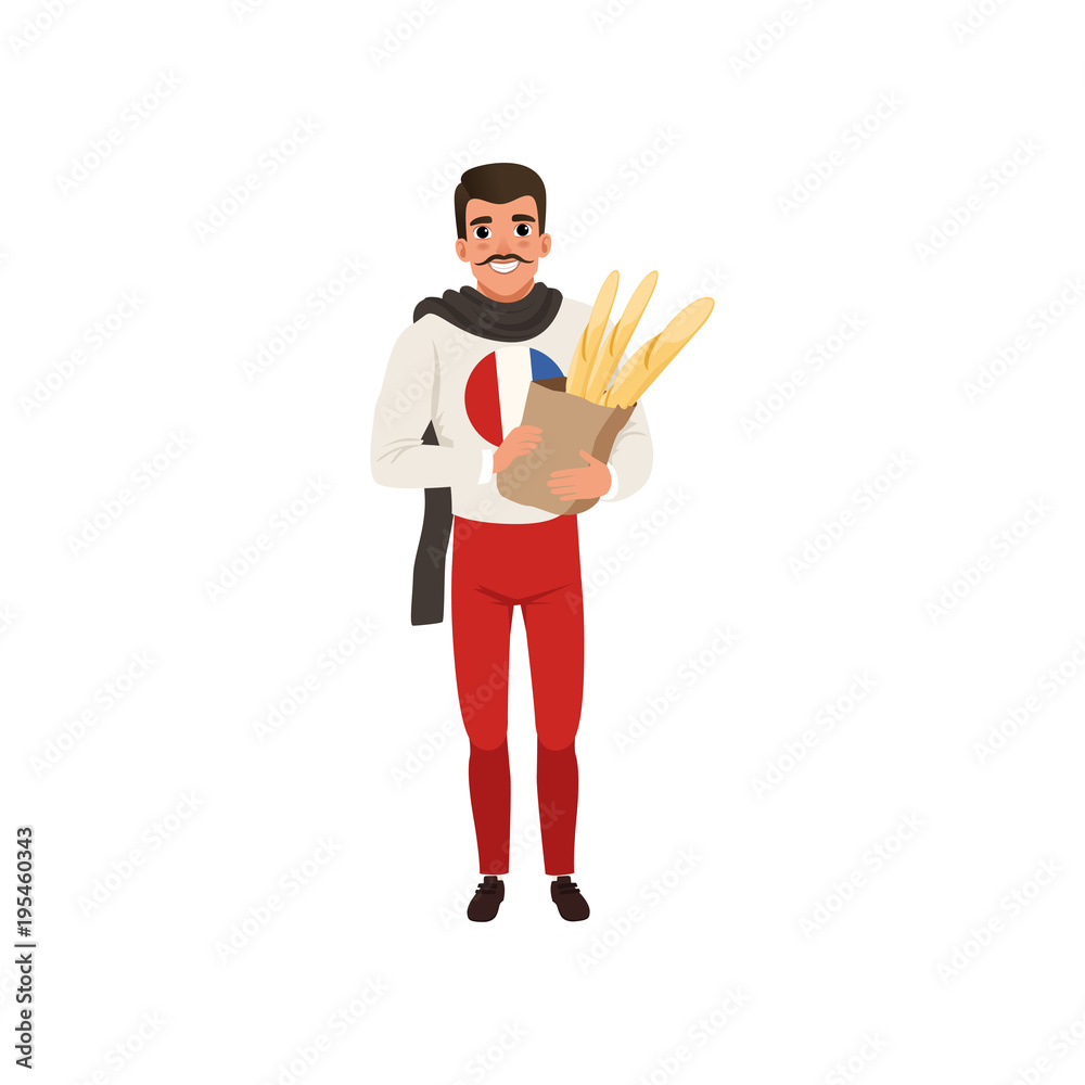 Smiling French man character dressed in traditional Parisian style holding paper bag of baguettes vector Illustration on a white background Smiling French man character dressed in traditional Parisian style holding paper bag of baguettes vector Illustration on a white background