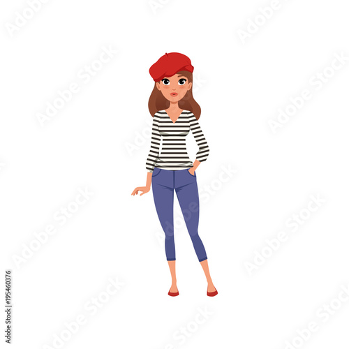 Beautiful woman dressed in Parisian style, typical French character vector Illustration on a white background