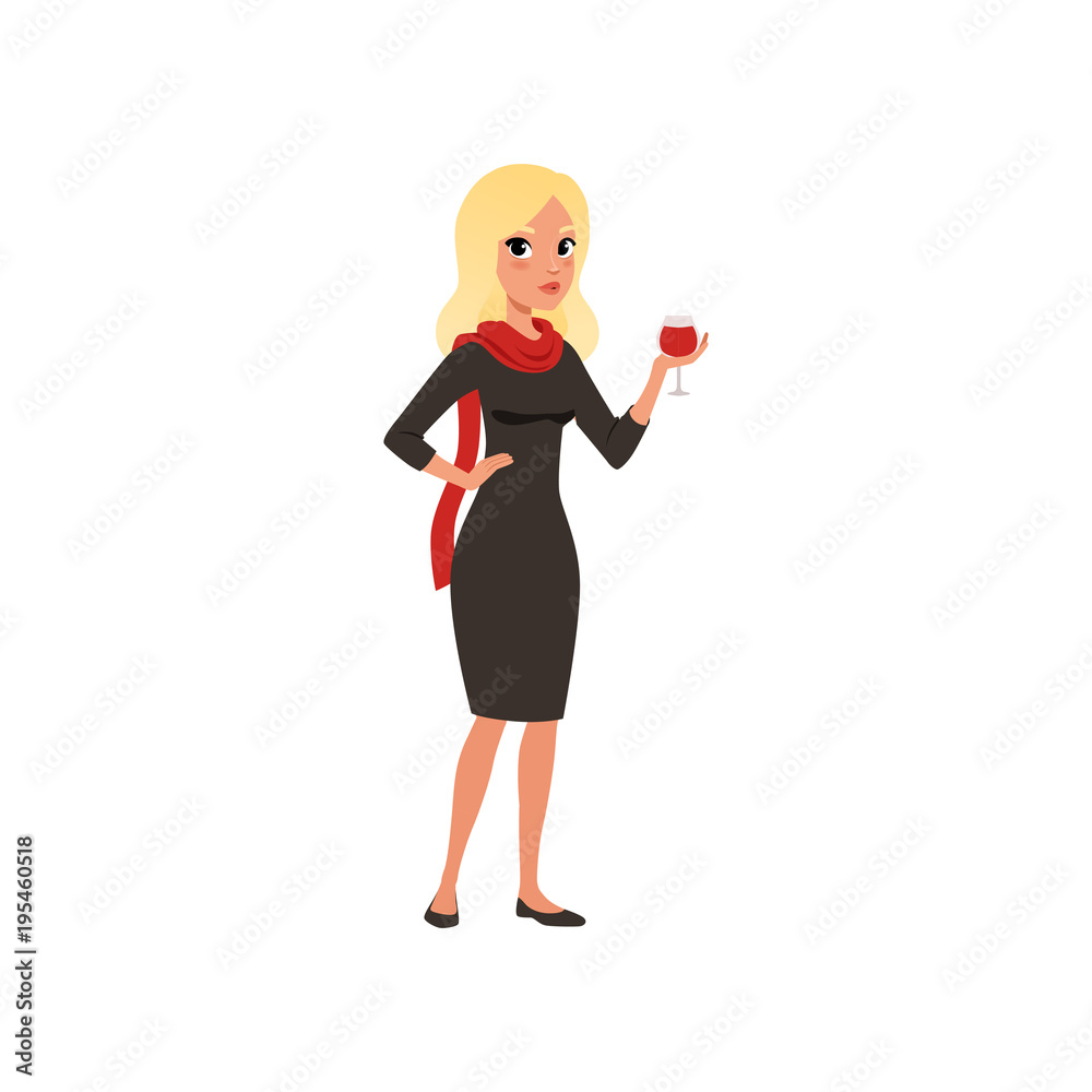Beautiful woman character in black dress holding glass of wine, girl dressed in Parisian style vector Illustration on a white background Beautiful woman character in black dress holding glass of wine, girl dressed in Parisian style vector Illustration on a white background