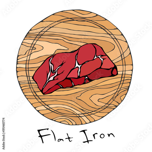 Most Popular Steak Flat Iron on a Round Wooden Cutting Board. Beef Cut. Meat Guide for Butcher Shop or Steak House Restaurant Menu. Hand Drawn Illustration. Savoyar Doodle Style.