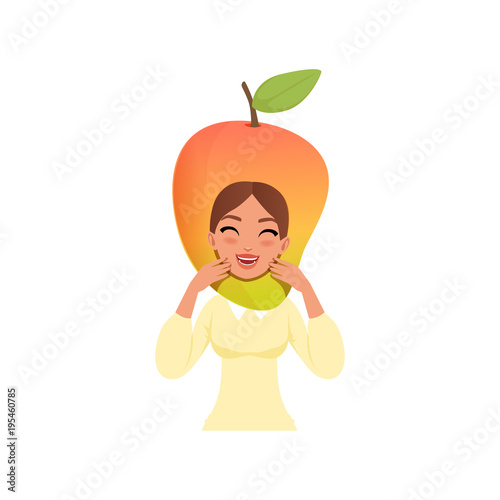 Smiling woman character in mango fruit headwear vector Illustration on a white background