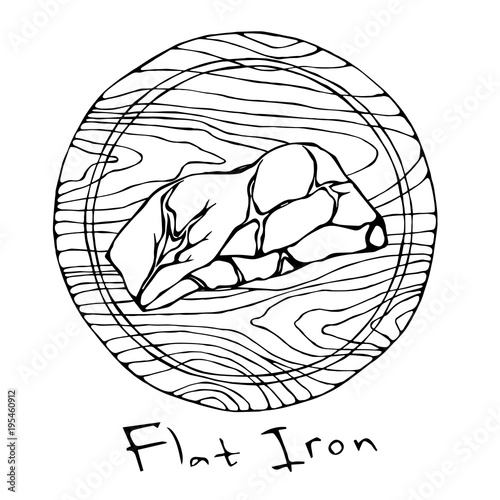 Most Popular Steak Flat Iron on a Round Wooden Cutting Board. Beef Cut. Meat Guide for Butcher Shop or Steak House Restaurant Menu. Hand Drawn Illustration. Savoyar Doodle Style.
