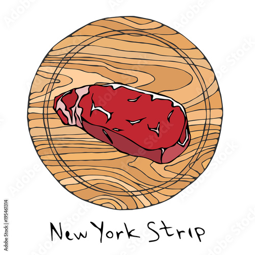 Most Popular Steak New York Strip on a Round Wooden Cutting Board. Beef Cut. Meat Guide for Butcher Shop or Steak House Restaurant Menu. Hand Drawn Illustration. Savoyar Doodle Style.