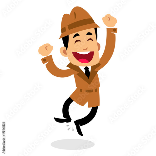 Vector drawing of a detective, he is jumping, happy