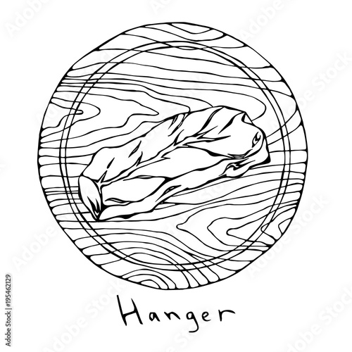 Most Popular Steak Hanger on a Round Wooden Cutting Board. Beef Cut. Meat Guide for Butcher Shop or Steak House Restaurant Menu. Hand Drawn Illustration. Savoyar Doodle Style.