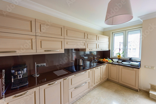 Modern kitchen interior. Appartement design Wide angle photo